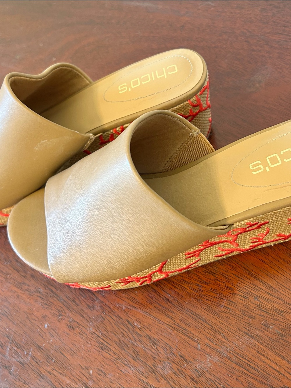 Chico's Tan Slide Wedges with Red Embroidered Espadrille Trim